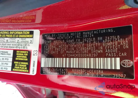 2025 Toyota Camry Se z USA, uszkodzony, nr VIN 4T1DAACK0SU048297